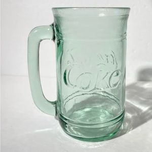 Vintage Coca Cola Green Tinted Embossed Heavy Glass Mug w/handle Coke 16 Ounce